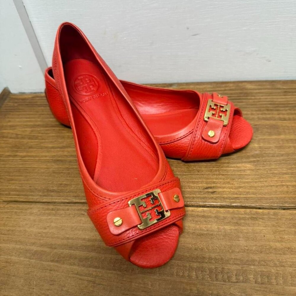Tory Burch red leather peep toe flats